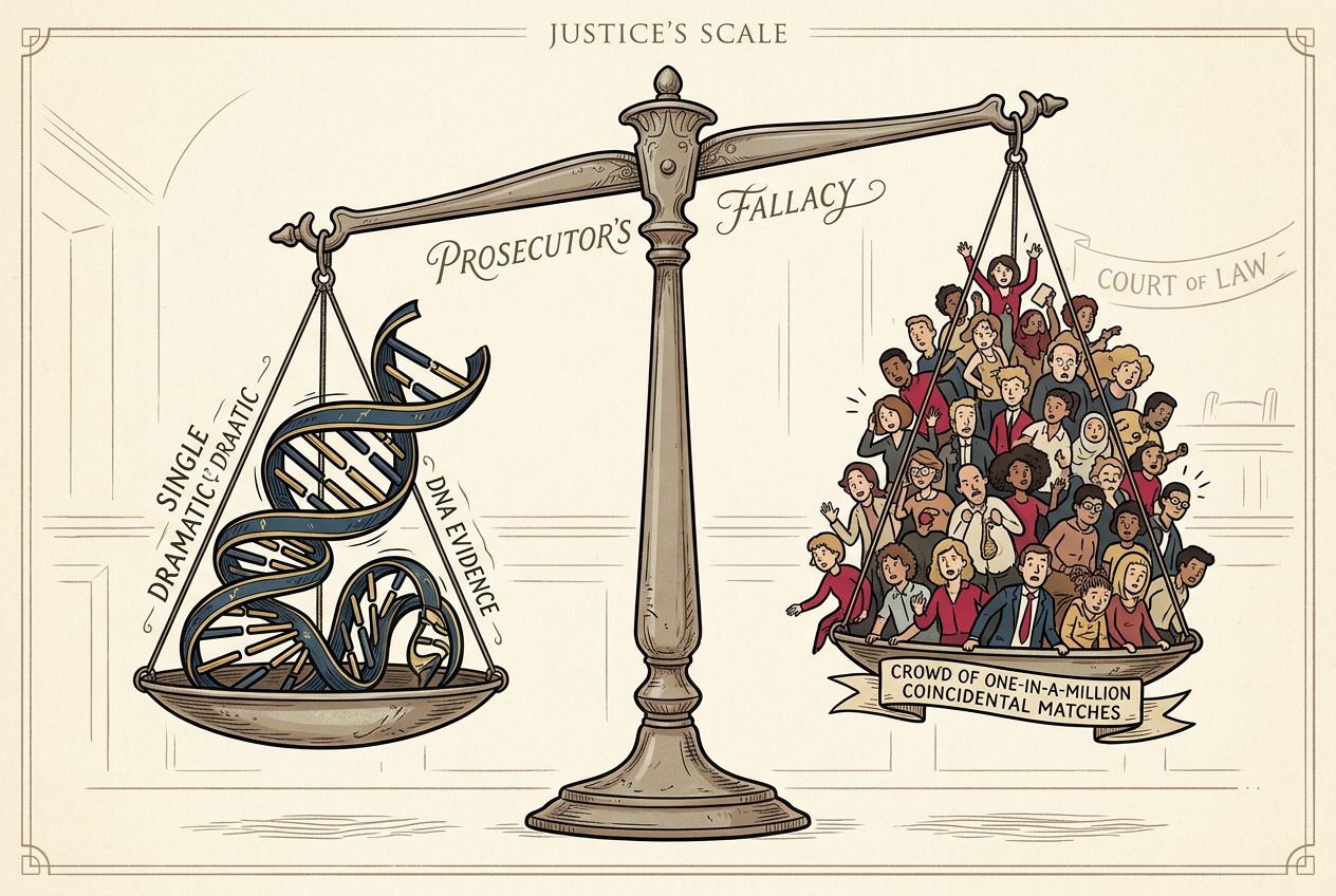 Scales of justice with DNA evidence on one side, showing how rare evidence can mislead