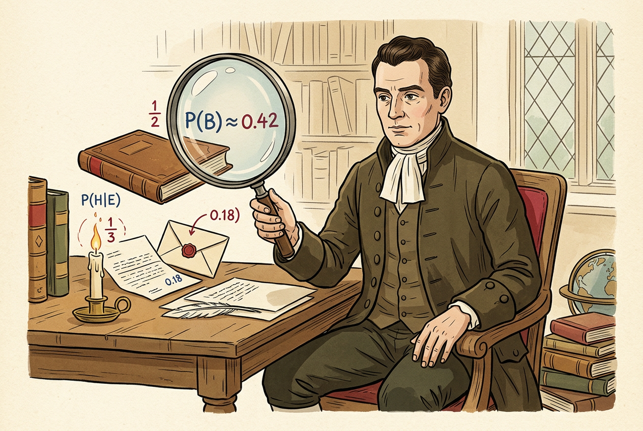Reverend Thomas Bayes peering through a magnifying glass at hidden probabilities