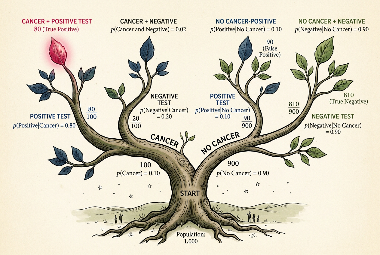 A tree diagram rendered as an actual tree, with branches splitting into true positives, false positives, and negatives