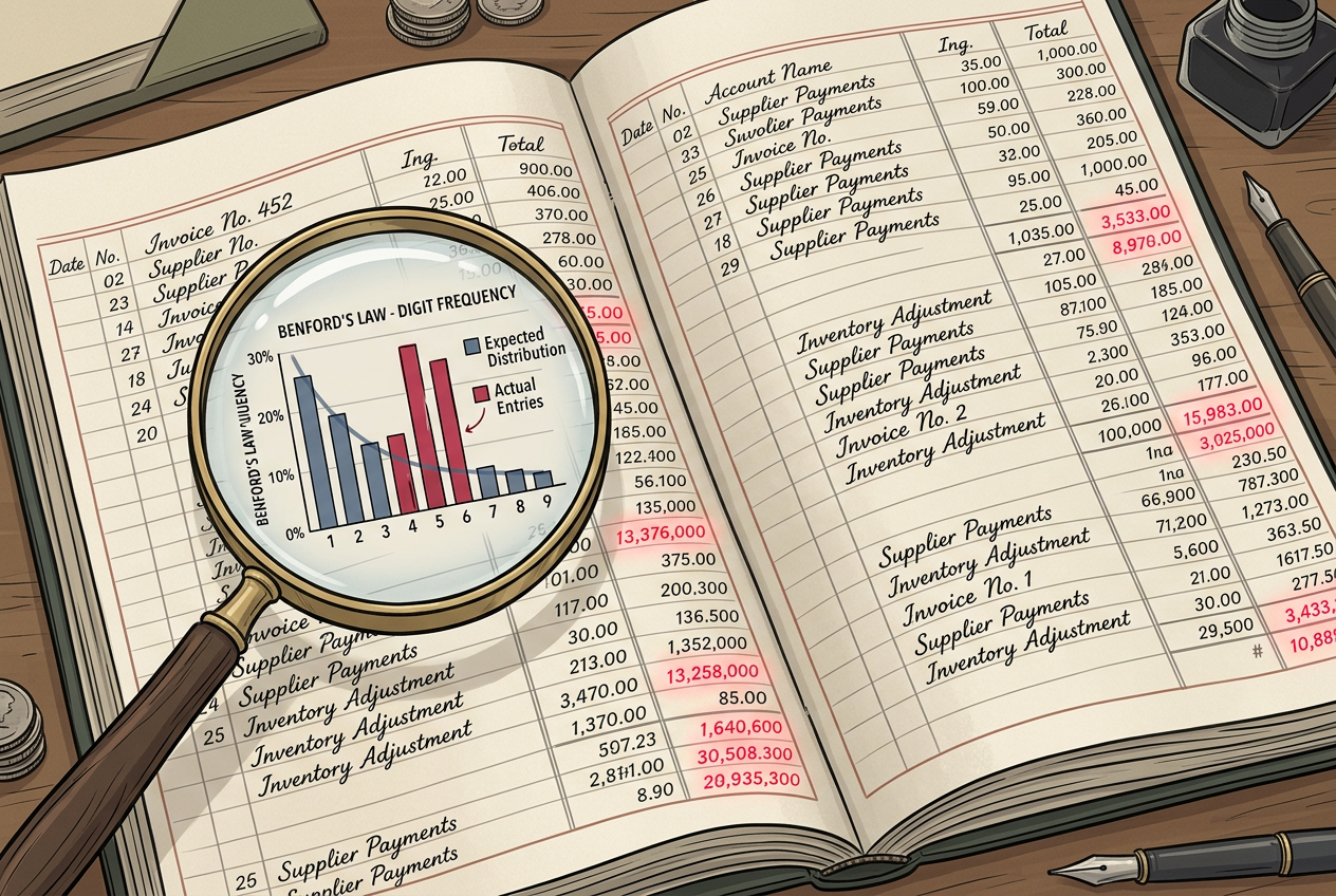 An accountant's ledger with crimson-highlighted entries flagged as fraudulent