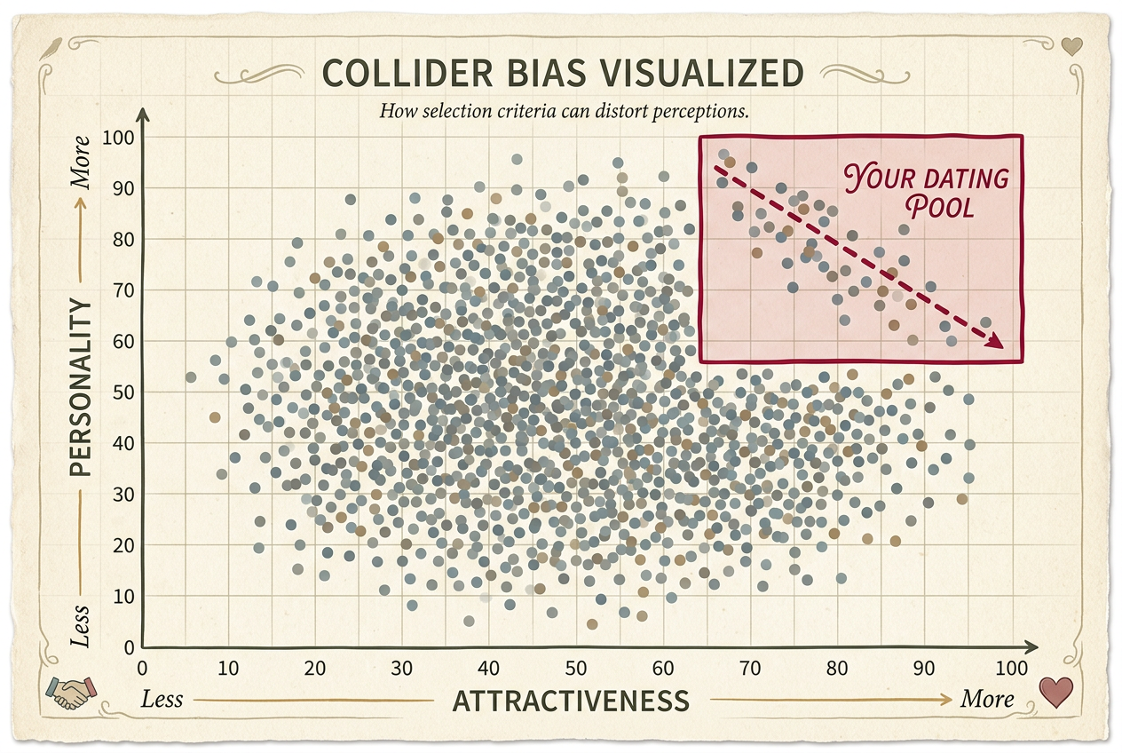 Scatter plot showing dating pool selection bias — a diagonal threshold cuts through uncorrelated data, creating a phantom negative correlation