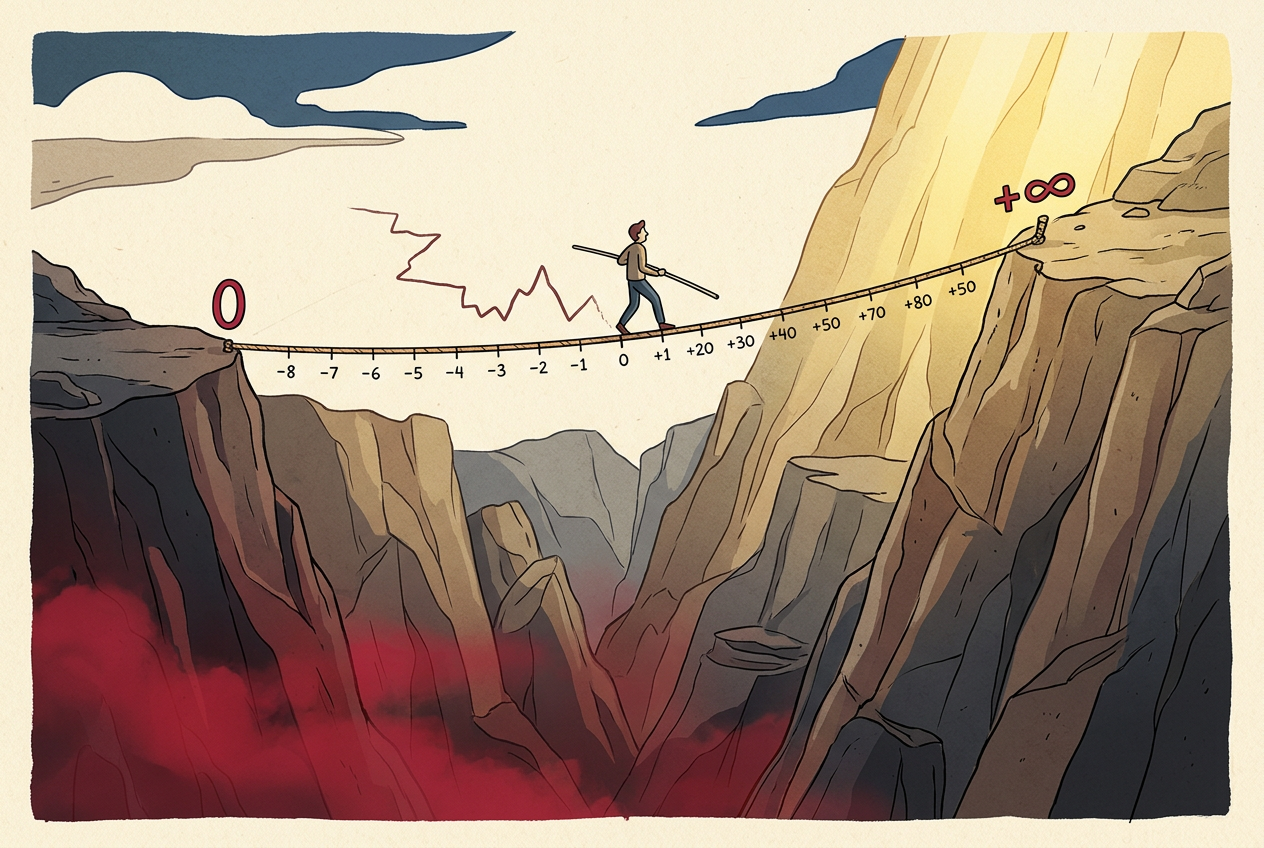 A lone figure walking a tightrope over a vast chasm, representing the gambler's precarious path