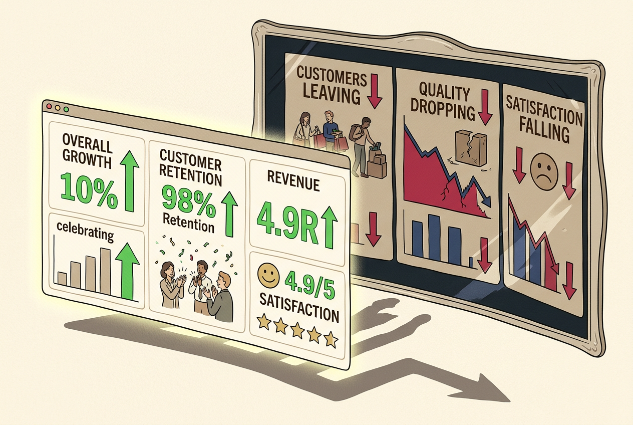 A dashboard showing all green metrics while a mirror behind it reflects the grim reality