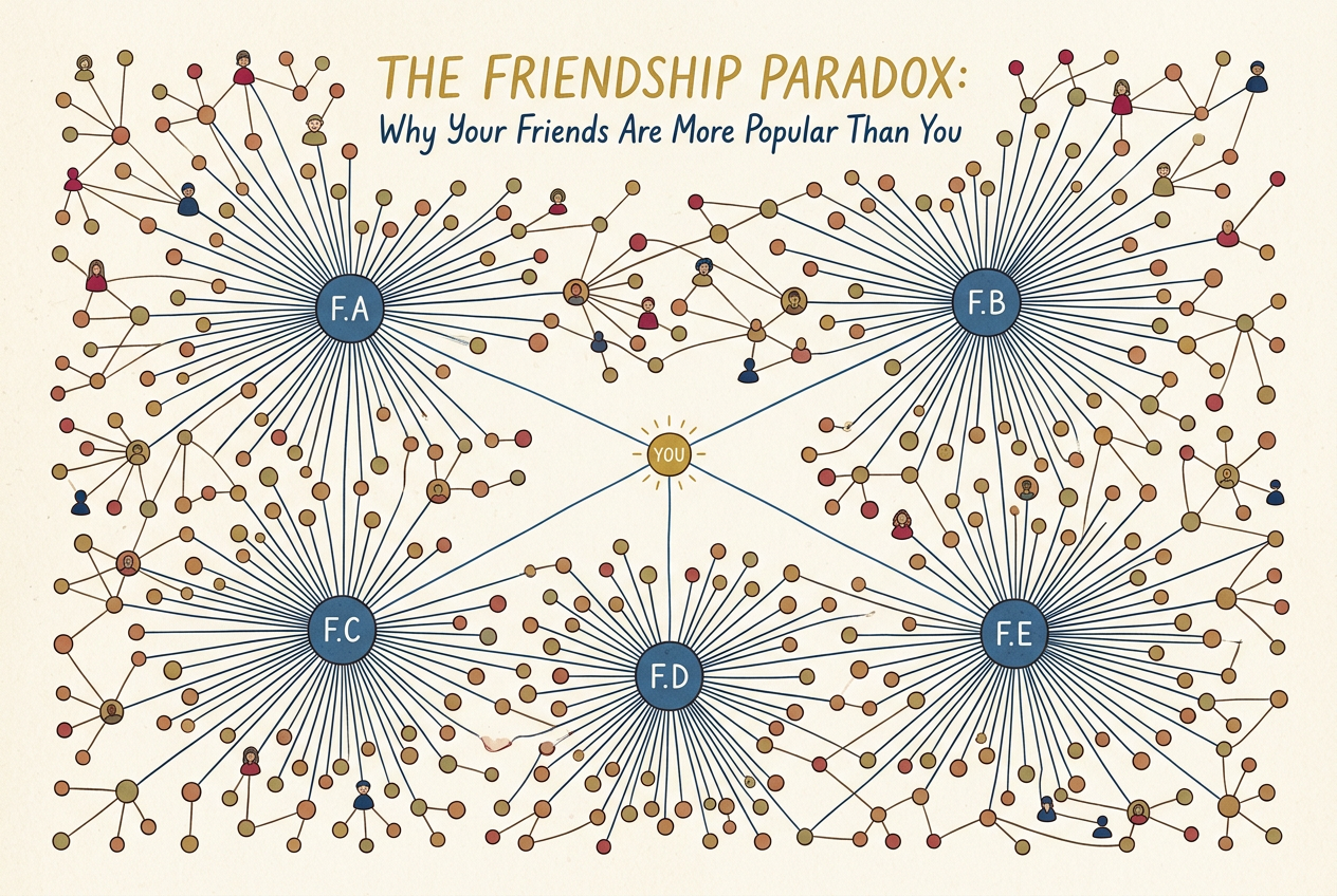 Social network diagram illustrating the friendship paradox — popular nodes appear on more friend lists