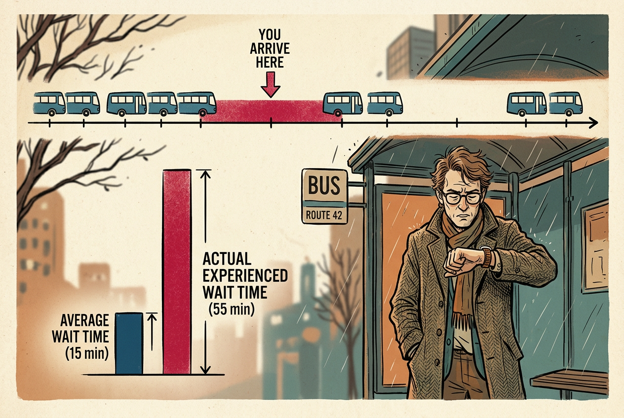 A frustrated person waiting at a bus stop with a timeline showing uneven bus arrival gaps