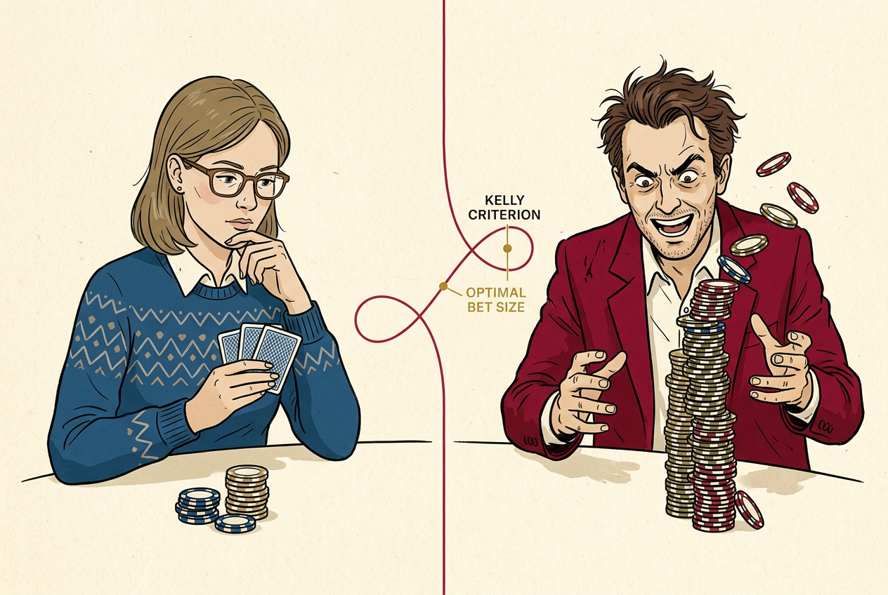 Split image of a cautious bettor carefully counting chips versus an aggressive bettor pushing all-in