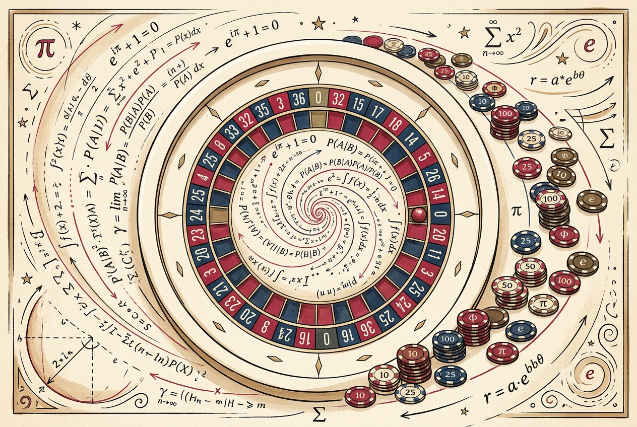 Roulette wheel with mathematical formulas spiraling outward into darkness