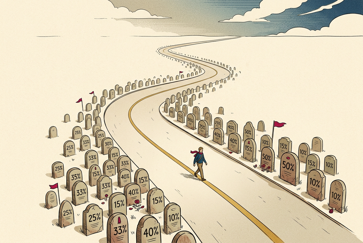 A road lined with gravestones showing percentages — 50%, 80%, 100% — marking the overbetting path to ruin