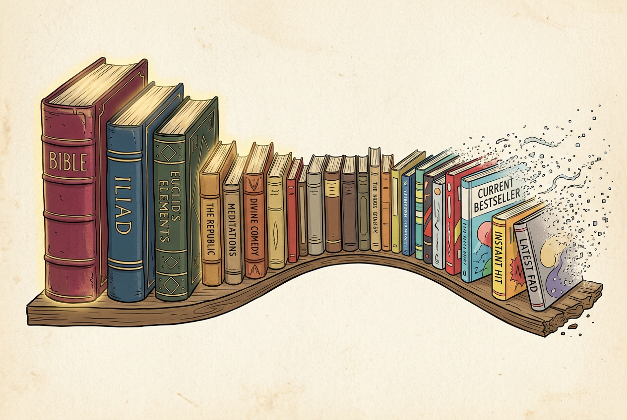 A bookshelf arranged by age — old books solid and vibrant, new books fading and transparent