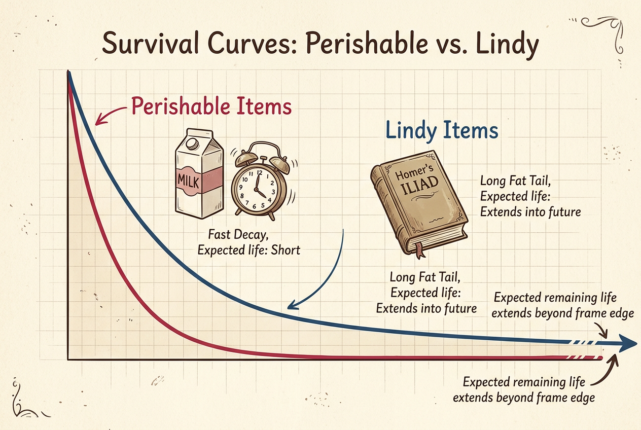 Two survival curves — a perishable item decaying predictably vs a Lindy item whose expected life grows with age