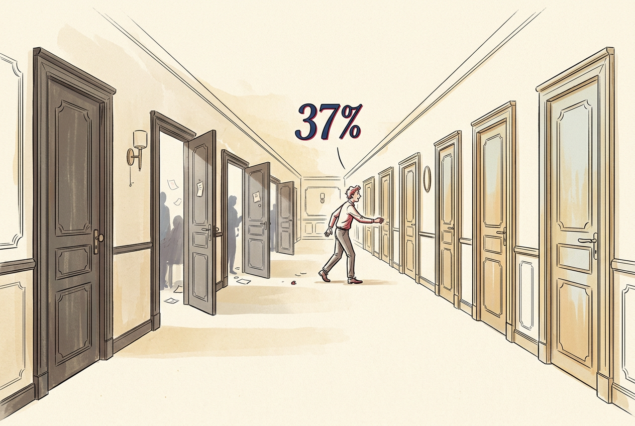 A long hallway of numbered doors with the first 37% standing open, revealing what's behind them