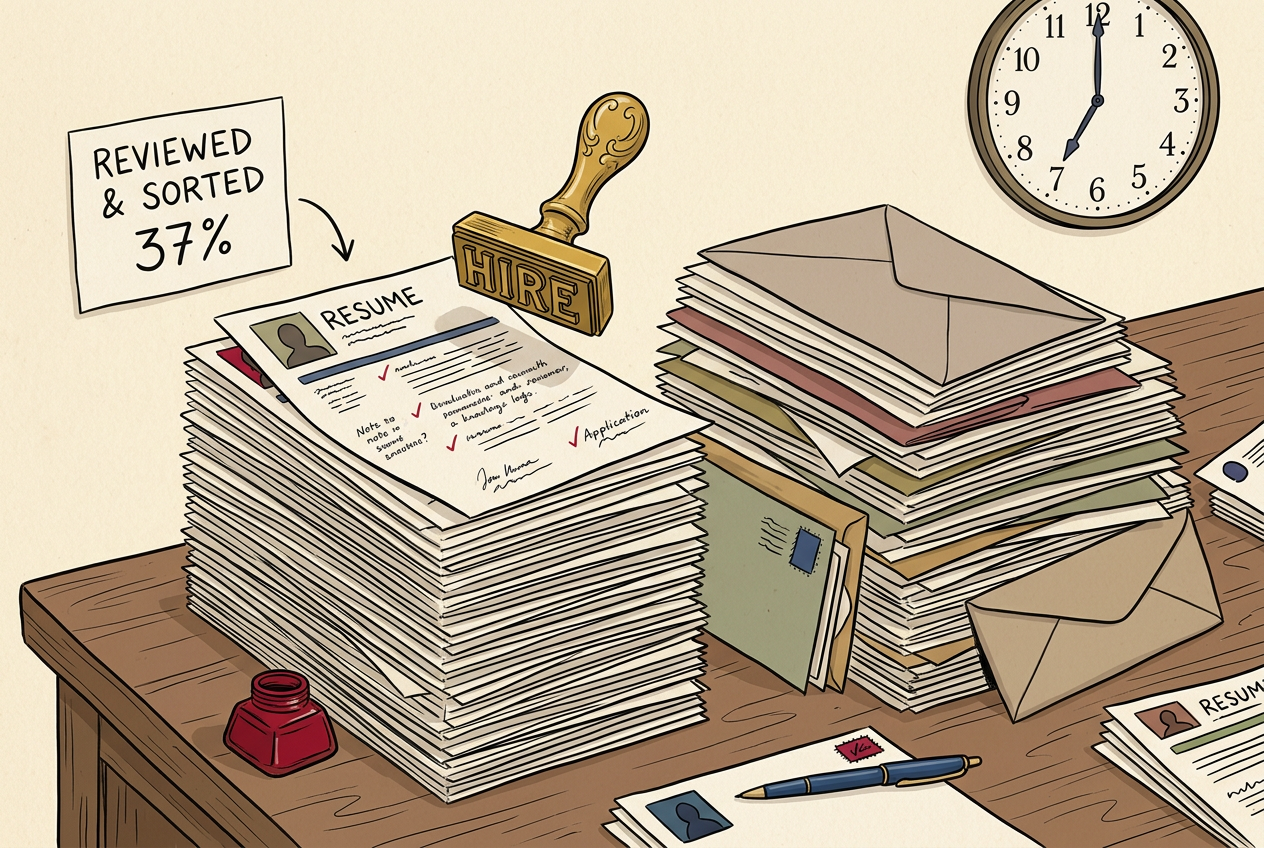 A desk covered in resumes and coffee cups, the classic secretary problem brought to life