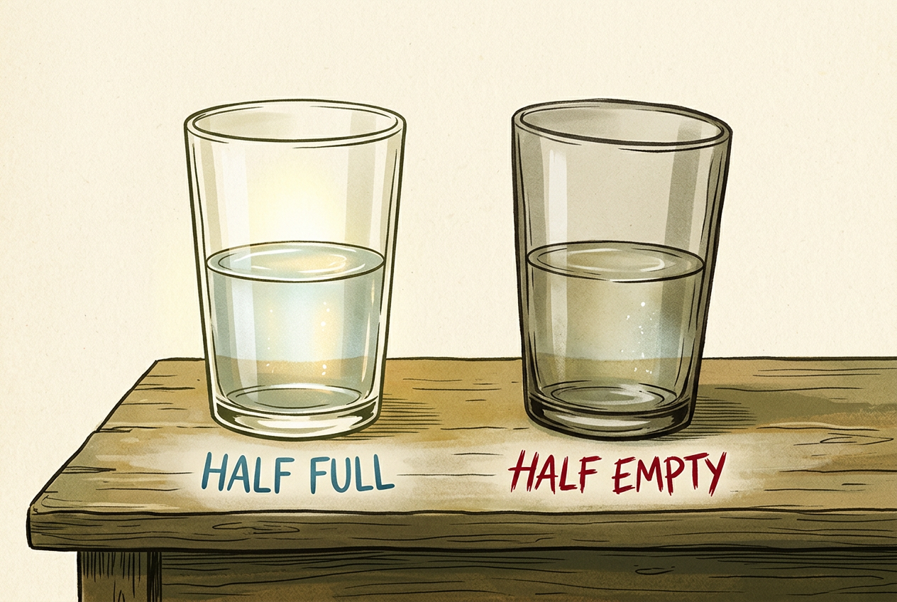Two identical glasses of water side by side — one labeled half full, the other half empty