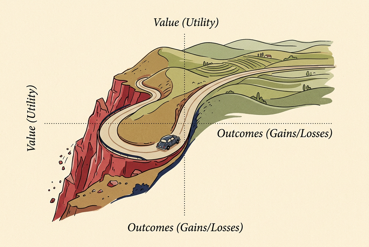 An S-shaped road curving through a landscape, steep on the loss side and gentle on the gain side — the prospect theory value function as terrain