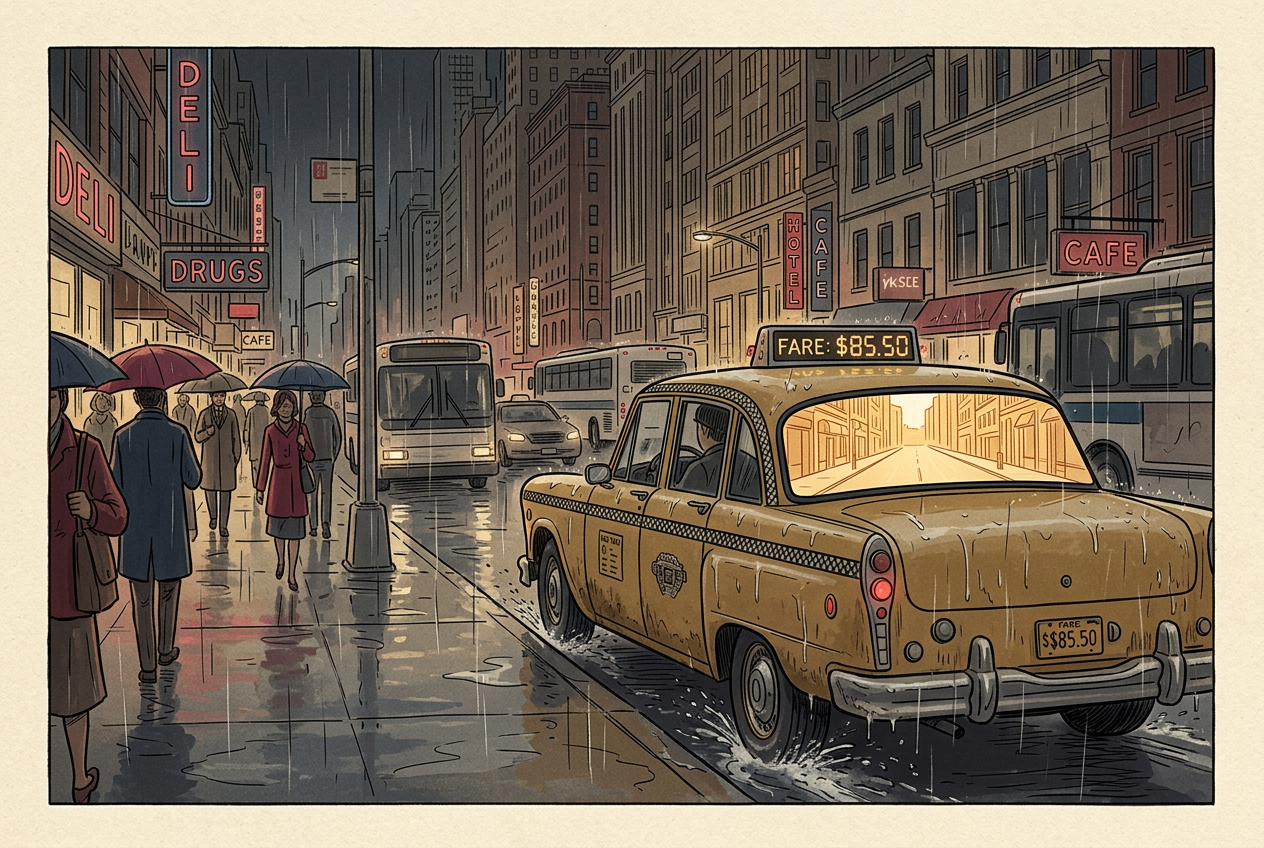 A NYC taxi cab driving away on a sunny profitable day — quitting early when the going is good