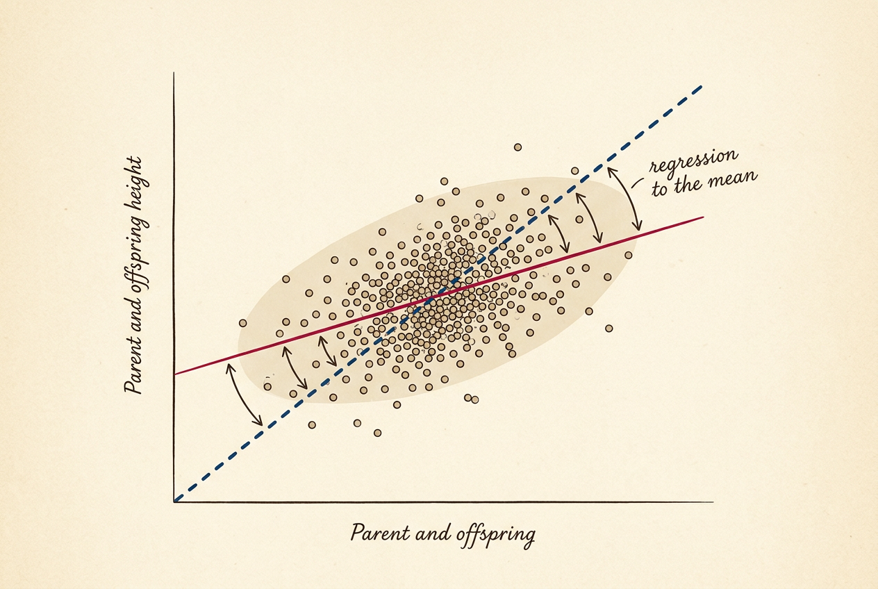 Galton's original scatter plot of parent and child heights on cream paper