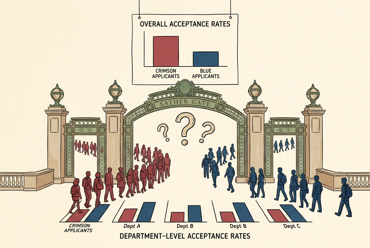 UC Berkeley's Sather Gate with overlaid contradictory admissions charts