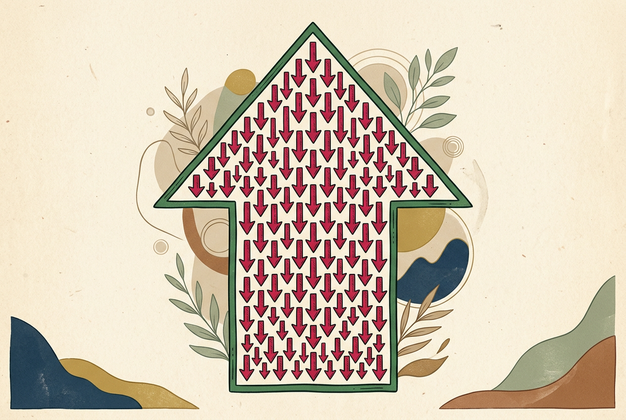 A big arrow pointing up composed of many small arrows pointing down, illustrating Simpson's Paradox